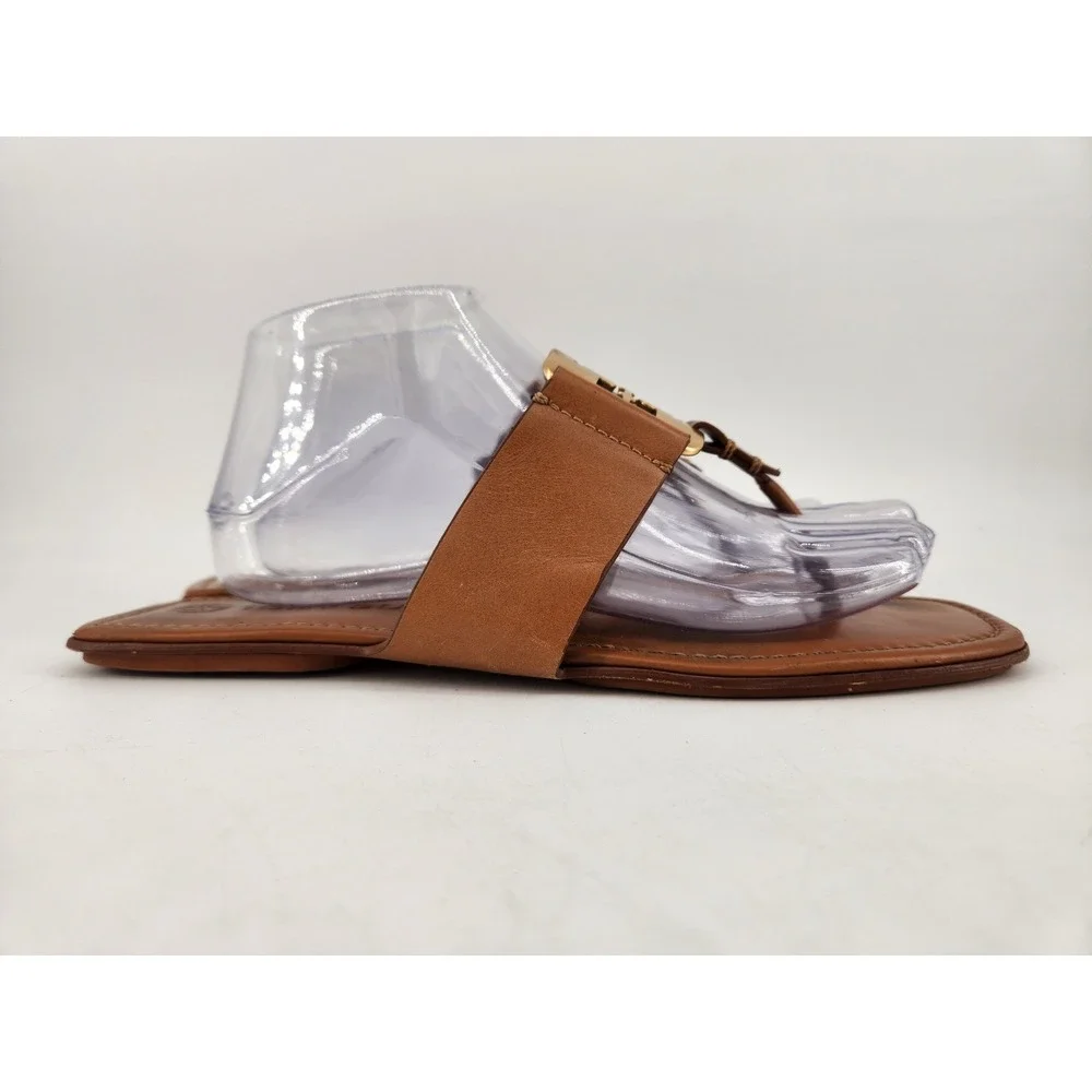 Tory Burch Georgia Sandals Womens 9.5 Tan Brown Gold Logo‎ Thong Flat 84937